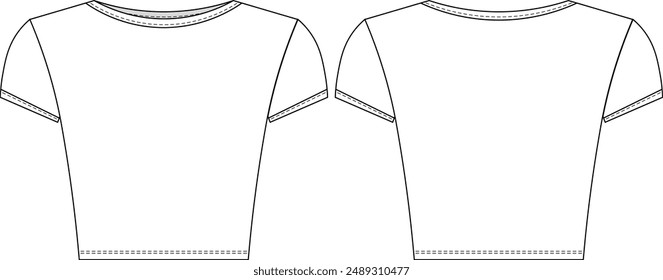 round neck crew neck short sleeve cap sleeve cropped crop fit blouse t-shirt tee top template technical drawing flat sketch cad mockup fashion woman design style model 