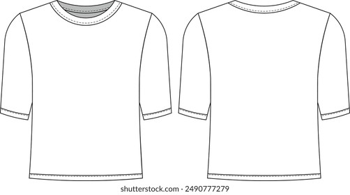 round neck crew neck short sleeve blouse top tee t-shirt template technical drawing flat sketch cad mockup fashion woman design style model 