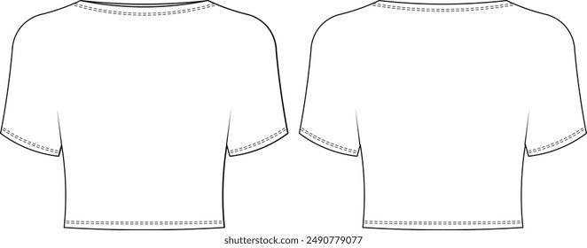 round neck crew neck short sleeve seamless blouse t-shirt tee top template technical drawing flat sketch cad mockup fashion woman design style model 