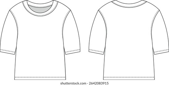 round neck crew neck short sleeve slouchy loose blouse top tshirt tee template technical drawing flat sketch cad mockup fashion woman design style model 