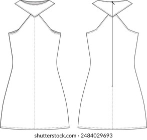 Rundhals-Rundhalsausschnitt Ärmellos A- Line Reißverschluss Mini Kurzkleid Vorlage Technische Zeichnung Flache Skizze CAD Mockup Mode Frau Design Style Model 