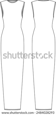 round neck crew neck sleeveless long maxi body-con dress template technical drawing flat sketch cad mockup fashion woman design style model 