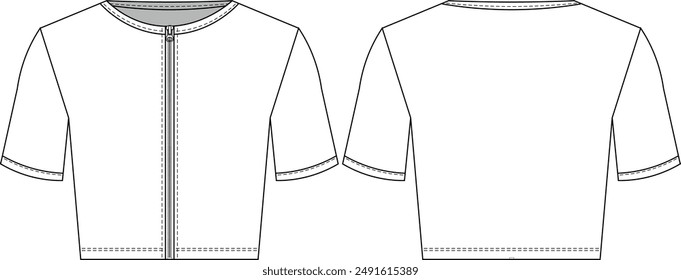 round neck crew neck zippered short sleeve fit blouse top t-shirt tee template technical drawing flat sketch cad mockup fashion woman design style model 
