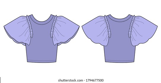 Round neck crop top featuring short sleeves with contrast organza fabric. Fashion design flat sketches technical drawings Illustrator vector template.