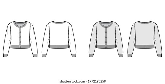 Round neck cropped cardigan sweater technical fashion illustration with long sleeves, oversized body, knit rib cuff. Flat jumper apparel front, back, white grey color style. Women, unisex CAD mockup