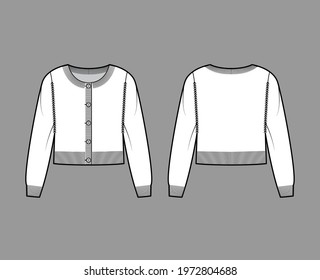 Round neck cropped cardigan sweater technical fashion illustration with long sleeves, oversized body, knit rib cuff. Flat jumper apparel front, back, white color style. Women, men unisex CAD mockup