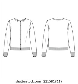 Round neck cropped cardigan sweater technical fashion illustration with long sleeves, oversized body, knit rib cuff. Flat jumper apparel front, back, white color style. Women, men unisex CAD mockup