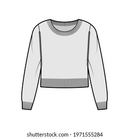 Round neck cropped Sweater technical fashion illustration with long sleeves, waist length, knit rib trim. Flat jumper apparel front, grey color style. Women men unisex CAD mockup