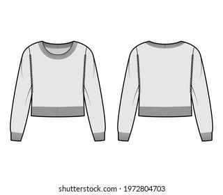 Round neck cropped Sweater technical fashion illustration with long sleeves, waist length, knit rib trim. Flat jumper apparel front, back, grey color style. Women men unisex CAD mockup