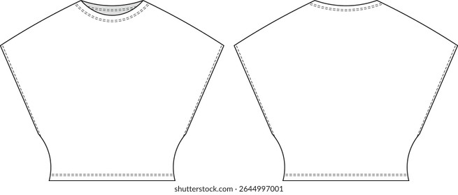 round neck dolman short cap sleeve fit cropped crop blouse top tee tshirt template technical drawing flat sketch cad mockup fashion woman design style model 