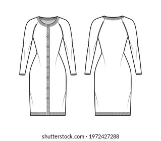 Round neck dress cardigan sweater technical fashion illustration with long raglan sleeves, fitted body, knee length, knit rib trim. Flat apparel front, back, white color style. Women, men unisex CAD