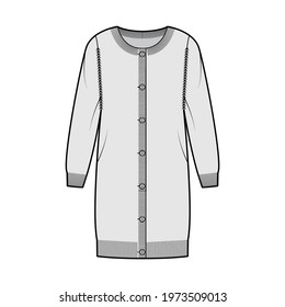 Round neck dress cardigan sweater technical fashion illustration with long sleeves, oversized body, knee length, knit rib trim. Flat jumper apparel front grey color style. Women, men unisex CAD mockup