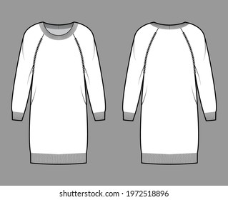 Round neck dress Sweater technical fashion illustration with long raglan sleeves, oversized, knee length, knit rib trim. Flat jumper apparel front, back, white color style. Women men unisex CAD mockup