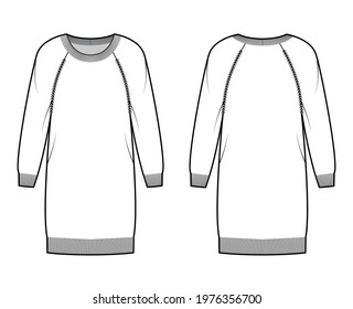 Round neck dress Sweater technical fashion illustration with long raglan sleeves, oversized, knee length, knit rib trim. Flat jumper apparel front, back, white color style. Women men unisex CAD mockup