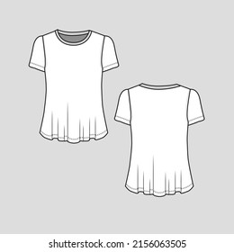 Round neck fashion t shirt top basic regular rib crew neck short sleeve flare hem blouse  clothing fashion tee flat sketch technical drawing template design vector