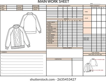 round neck front cable spec sheet illustration design for fashion design