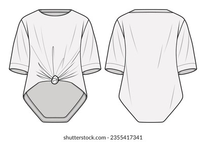 Round Neck Front Knot Back Long Top Fashion Illustration, Vector, CAD, Technical Drawing, Flat Drawing, Template, Mockup.