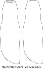 round neck haltter neck sleeveless bodycon asymmetric hem sport elastic fit midi long maxi dress template technical drawing flat sketch cad mockup fashion woman design style model 