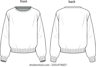 round neck long sleeve basic unisex sweater flat template drawing