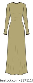 Round Neck Long Sleeve Maxi Basic Dress Fashion Illustration, Vector, CAD, Technical Drawing, Flat Drawing, Template, Mockup