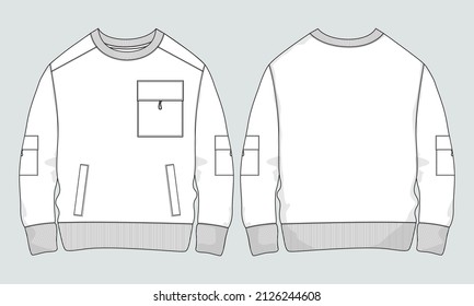 Round neck Long sleeve with pocket Sweatshirt overall fashion Flat Sketches technical drawing vector template For men's. Apparel dress design mockup CAD illustration. 