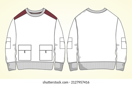 Round neck Long sleeve With Pocket Sweatshirt technical  fashion Flat Sketches drawing vector template For men's. Apparel dress design mockup CAD illustration. Sweater fashion design isolated on white