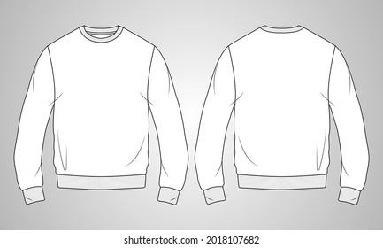 Round neck Long sleeve Sweatshirt overall fashion Flat Sketches technical drawing vector template For men's. Apparel dress design mockup CAD illustration. Sweater fashion design isolated on white.