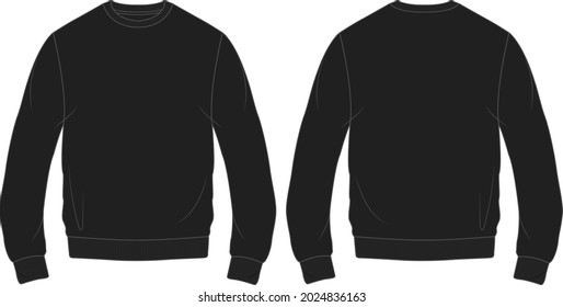 Round neck Long sleeve Sweatshirt overall fashion Flat Sketches technical drawing vector template For men's. Apparel dress design mockup CAD illustration. Sweater fashion design isolated on white.