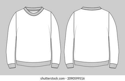 Round neck Long sleeve Sweatshirt overall fashion Flat Sketches technical drawing vector template For men's. Apparel dress design mockup CAD illustration. Sweater fashion design isolated on Grey Back.