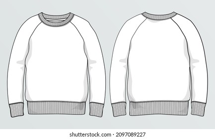 Cuello redondo Manga larga Moda de sudadera Plano Esbozos técnicos dibujo de la plantilla de vectores para hombres. El diseño de ropa se burla de la ilustración CAD. Diseño de la moda de suéter aislado en fondo gris.