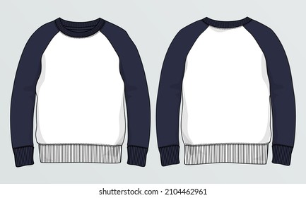 Round neck Long sleeve Sweatshirt overall fashion Flat Sketches technical drawing vector template For men's. Apparel dress design mockup CAD illustration. Sweater fashion design isolated on Grey.