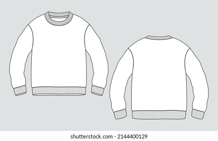 Round neck Long sleeve Sweatshirt overall fashion Flat Sketches technical drawing vector template For men's. Apparel dress design mockup CAD illustration. Sweater fashion design isolated on Grey
