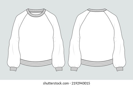 Round Neck Long Sleeve Sweatshirt Overall Fashion Flat Sketches Technical Drawing Vector Template For Men's. Apparel Dress Design Mockup CAD Illustration. Sweater Fashion Design Isolated On White.