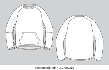 Round neck Long sleeve Sweatshirt overall fashion Flat Sketches technical drawing vector template For men's. Apparel dress design mockup CAD illustration. Sweater fashion design isolated on Grey