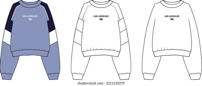 Round neck Long sleeve Sweatshirt overall fashion Flat Sketches technical drawing vector template For men's. Apparel dress design mockup CAD illustration. Sweater fashion design isolated on white.