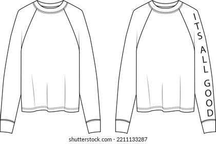 Round neck Long sleeve Sweatshirt overall fashion Flat Sketches technical drawing vector template For men's. Apparel dress design mockup CAD illustration. Sweater fashion design isolated on white.