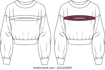 Round neck Long sleeve Sweatshirt overall fashion Flat Sketches technical drawing vector template For men's. Apparel dress design mockup CAD illustration. Sweater fashion design isolated on white.