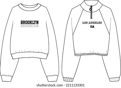 Round neck Long sleeve Sweatshirt overall fashion Flat Sketches technical drawing vector template For men's. Apparel dress design mockup CAD illustration. Sweater fashion design isolated on white.