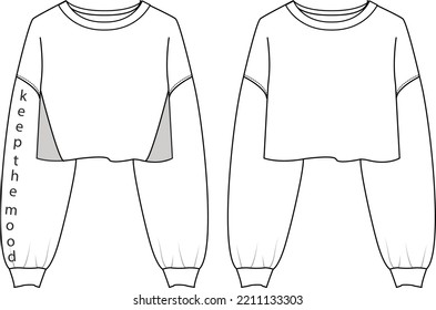 Round neck Long sleeve Sweatshirt overall fashion Flat Sketches technical drawing vector template For men's. Apparel dress design mockup CAD illustration. Sweater fashion design isolated on white.