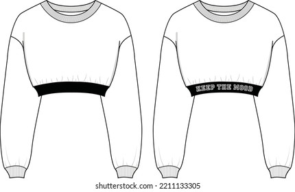 Round neck Long sleeve Sweatshirt overall fashion Flat Sketches technical drawing vector template For men's. Apparel dress design mockup CAD illustration. Sweater fashion design isolated on white.