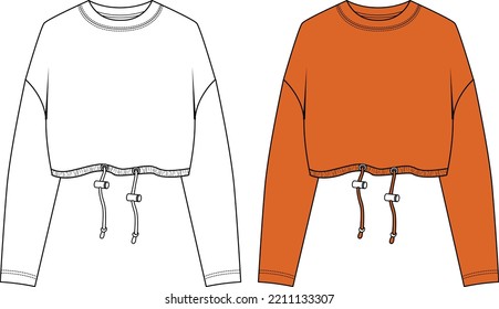 Round neck Long sleeve Sweatshirt overall fashion Flat Sketches technical drawing vector template For men's. Apparel dress design mockup CAD illustration. Sweater fashion design isolated on white.