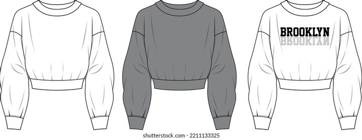 Round neck Long sleeve Sweatshirt overall fashion Flat Sketches technical drawing vector template For men's. Apparel dress design mockup CAD illustration. Sweater fashion design isolated on white.