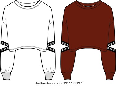 Round neck Long sleeve Sweatshirt overall fashion Flat Sketches technical drawing vector template For men's. Apparel dress design mockup CAD illustration. Sweater fashion design isolated on white.