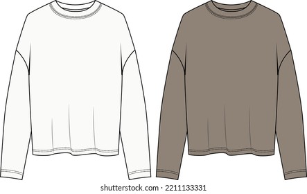 Round neck Long sleeve Sweatshirt overall fashion Flat Sketches technical drawing vector template For men's. Apparel dress design mockup CAD illustration. Sweater fashion design isolated on white.