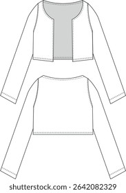 round neck open fronted long sleeve short cropped crop cardigan template technical drawing flat sketch cad mockup fashion woman design style model