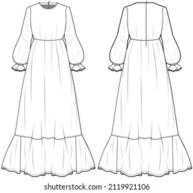 Round Neck Puff Long Sleeve Frill Hem Dress with Back Zip, Abaya, Modesty Dress Front and Back View. fashion illustration vector, CAD, technical drawing, flat drawing.	