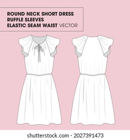 Round Neck Short Dress with Ruffle Sleeves and Elastic Seam Waist