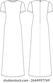 round neck short sleeeves zippereda line straight long maxi dress template technical drawing flat sketch cad mockup fashion woman design style model 