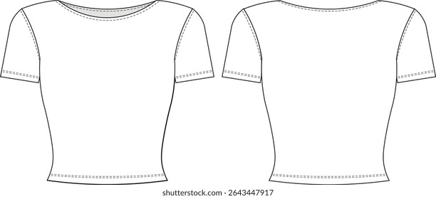 round neck short sleeve fit elastic basic blouse top tshirt tee template technical drawing flat sketch cad mockup fashion woman design style model 