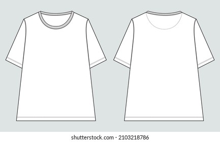 Round neck short sleeve t-shirt Technical sketch vector template for women. Front and back view. Apparel Clothing Design Mock up Women's Unisex CAD.
